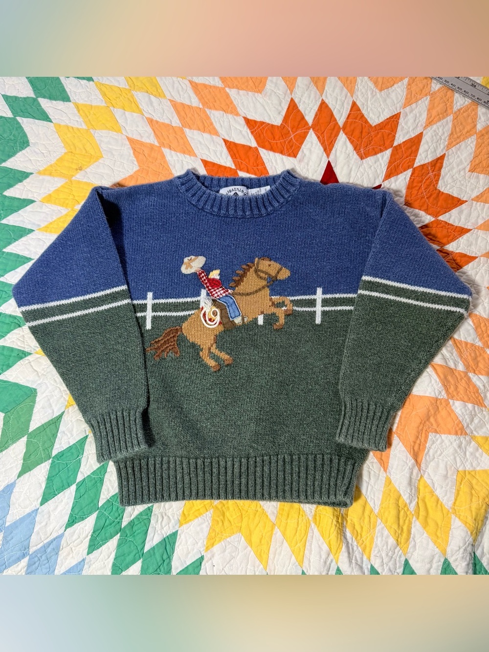 Vintage Kitestrings Cowboy Horse Sweater Kids 5/6 Colorblock Knit